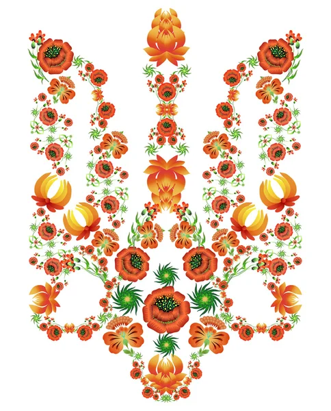 Patrón floral en forma de escudo de armas de Ucrania en el estilo de la pintura Petrykivka . — Vector de stock