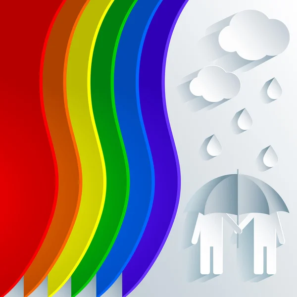 Gökkuşağı paletle seven bir şemsiye ve yağmur altında gay çift dışarı bir dekoratif kağıt kesme.