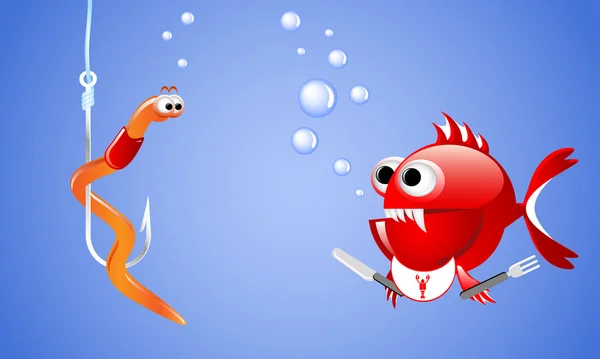 Cartone animato male pesce rosso guardando un verme su un amo da pesca sott'acqua con bolle e vuole mangiarlo . — Vettoriale Stock