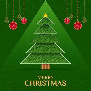 Entelektüel Mutlu Noeller kartı kıvrımlı ve yıldızlı yeşil Noel ağacı. Beraberinde zengin yeşil desenli arka plana kırmızı altın süsler asılır..