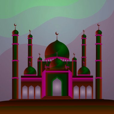 Birden fazla minaresi ve kubbesi olan altın bir caminin güzel bir örneği. Sakin, mavi gökyüzüne karşı dizilmiş. Bulutlar gibi ince desenler. Festival satışları, reklamlar ve sosyal medya için mükemmel..