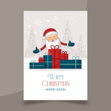 Neşeli, sıcak Noel kartı. Mutlu Noel Baba 'nın etrafı, süslü ağaçlar ve kar taneleriyle süslü, karlı bir kış ormanı arka planında bir yığın hediye kutusuyla çevrili..