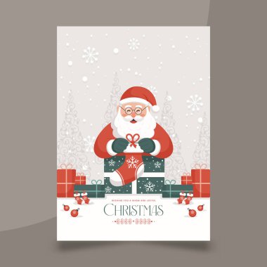 Noel Baba hediyeler ve düşen kar taneleriyle dolu Noel Baba hediye kutusundan çorap çekiyor..