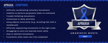 Kalkan içinde koyu mavi desenli bir arka planda mavi farkındalık kurdelesinin yanında sunulan Apraxia belirtilerinin ayrıntılı listesi. Tıbbi ve eğitici amaçlar için bilgilendirici.