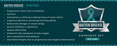 Batten Hastalığı belirtileri hakkında bilgilendirici bir liste. Koyu mavi bir arka planda, bir kalkanda, bir deniz mavisi farkındalık kurdelesi ile eşleştirilmiş. Tıbbi ve öğretici amaçlar için gerekli.