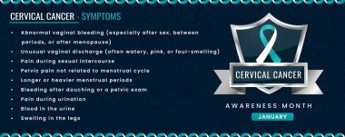 Servikal Kanser semptomlarının kritik bir listesi. Kalkanında bir deniz mavisi farkındalığı kurdelesi var. Koyu deniz mavisi desenli bir arka planda geçiyor. Kadın sağlığı eğitimi için çok önemli.