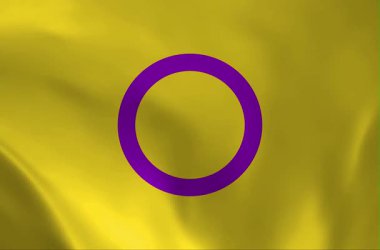LGBTQ Intersex Pride dalgalanmasının 4K animasyonu. Sarı arka plandaki mor çember, Intersex topluluğunun bütünlüğünü ve görünürlüğünü simgeliyor..