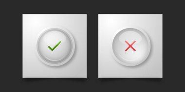 Onaylama ve reddedilme işaretleri içeren modern parlak arayüz simgeleri. Web ya da uygulama navigasyon ögeleri için gri arkaplan üzerinde gölge efektleri içeren yüksek kaliteli basım düğmesi tasarımı.
