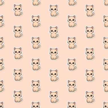 Şeftali arka planında kawaii stili küçük bej kedi yavrularının kusursuz desenleri. Çocuk kırtasiyesi, hatıra defteri, hayvan temalı kumaş ve tekstil baskıları için ideal.