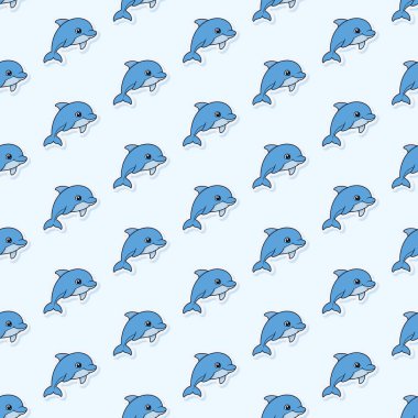 Kusursuz desenli, açık mavi arka planda kawaii stili, sevimli mavi yunuslar. Çocuk odası dekoru, ambalaj kağıdı ve yaz baskısı için mükemmel..