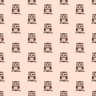 Şeftali arkaplanındaki kawaii stiliyle dallardaki küçük kahverengi baykuşların kusursuz desenleri. Orman temalı kreş dekoru, kumaş ve çocuk tekstil baskıları için ideal..