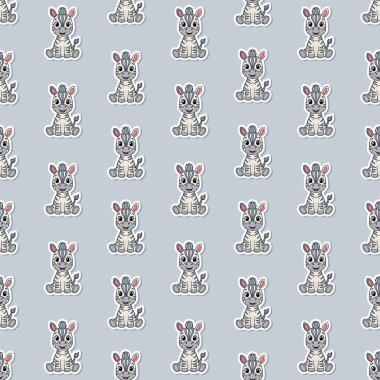 Gri bir arka planda kawaii stili küçük çizgili zebraların sevimli, pürüzsüz desenleri. Safari çocuk odası dekoru, çocuk kumaşı ve hayvan duvar kağıdı için harika..