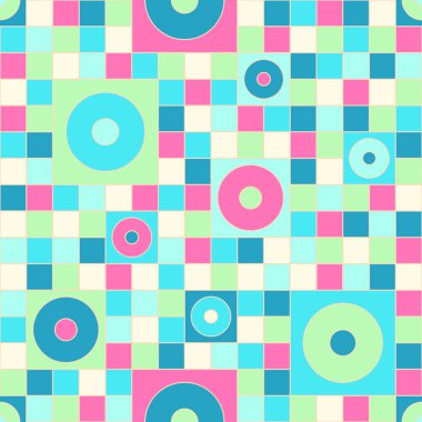 Pembe, mavi ve krem tonlarında kare ve daireler içeren eğlenceli ve modern bir geometrik desen. Eğlenceli duvar kağıtları, tekstil baskıları ve yaratıcı hediye paketleme için ideal..