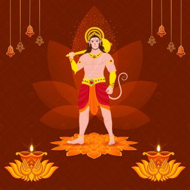 Tanrı Hanuman 'ın iki parlayan diya yağı lambası arasında nilüfer çiçeğinin üzerinde durduğu ilahi sahne. Dini ve dini temalar için tapınak çanları eşliğinde güzel dekore edilmiş kahverengi bir arka plan..