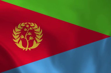 Eritre bayrağının dalgalanmasının yüksek kalite 3 boyutlu gerçekçi animasyonu. Dalgalanan kumaşın üzerinde altın zeytin çelengi olan yeşil, kırmızı ve mavi üçgenler..