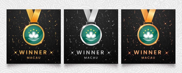 A prestigious collection of gold, silver, and bronze medals, each showcasing the distinctive flag of Macau, set against a sophisticated dark background with celebratory confetti and sparkling accents, perfect for recognizing champions.