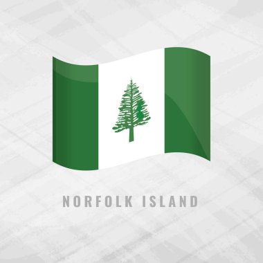 Norfolk Adası 'nın sallanan bayrağının 3 boyutlu çizimi. Gri bir arka planda Avustralya topraklarının vektör ulusal sembolü. Yeşil bir alanda ikonik bir Norfolk Adası çam ağacı var..