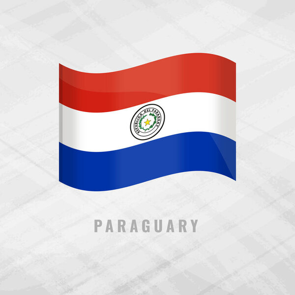 3D illustration of the waving flag of Paraguay. Vector national symbol of the Paraguayan nation on a grey background. Features the red, white, and blue tricolor with the coat of arms.