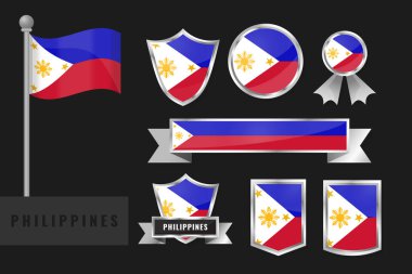 Filipinler bayrağı dikti. Ulusal Filipinler amblemi koleksiyonu. Bayrakların düz tasarımı