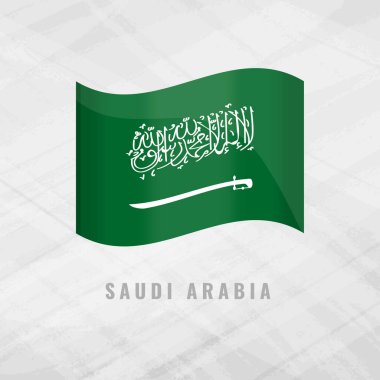 Suudi Arabistan 'ın sallanan bayrağının 3 boyutlu çizimi. Gri bir arkaplanda Suudi Arabistan Krallığı 'nın vektör sembolü. Beyaz Shahada yazısıyla ve kılıcıyla yeşil alan..