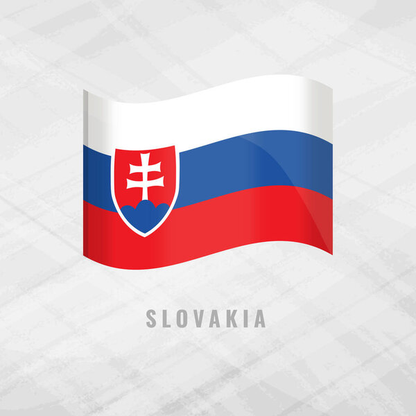 3D illustration of the waving flag of Slovakia. Vector national symbol of the Slovak Republic on a grey background. Features the white, blue, and red tricolor with the coat of arms.