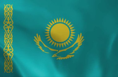 Kazakistan bayrağının dalgalanmasının yüksek kaliteli animasyonu. Turkuaz alan, merkezi altın güneş bozkır kartalı ve süs desenli. Orta Asya projeleri için ideal.