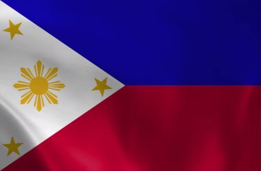 Filipinler ulusal bayrağının yüksek çözünürlüklü bir videosu. Mavi, kırmızı, beyaz ve altın sarısı güneş ve hafif bir esintide sallanan yıldızlar. Vatansever veya Güneydoğu Asya içeriği için ideal.