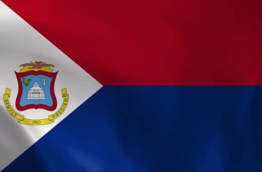 Beyaz üçgen ve armalı kırmızı ve mavi bantların yer aldığı Sint Maarten bayrağının yüksek kaliteli, kusursuz döngüsü. Ulusal olaylar ve haberler için gerçekçi kumaş dokusu.