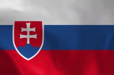 Beyaz, mavi ve kırmızı yatay bantları ve ulusal armanın yer aldığı Slovakya bayrağının yüksek kalite, kusursuz döngüsü. Haber ve olaylar için gerçekçi kumaş dokusu.