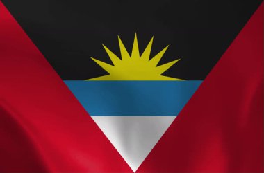 Antiguan bayrağının ayrıntılı 3D görüntülemesi (altın güneş içeren siyah, mavi ve beyaz merkezi üçgenli kırmızı alan) nazikçe dalgalanıyor. Gururlu, Karayipler Cumhuriyeti kusursuz bir video döngüsü
