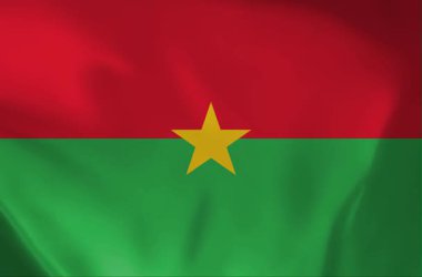 Burkina Faso 'nun ulusal bayrağının dinamik animasyonu yatay kırmızı ve yeşil çizgileri ve merkezinde beş köşeli sarı yıldızı nazikçe dalgalanıyor.