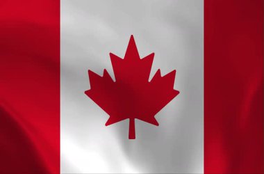 Rüzgarda dalgalanan Kanada bayrağının yüksek kalite 3D görüntüsü. Beyaz bir kare üzerinde ikonik kırmızı akçaağaç yaprağı sembolü olan gerçekçi tekstil dokusu ulusal kimliği ve gururu temsil ediyor.