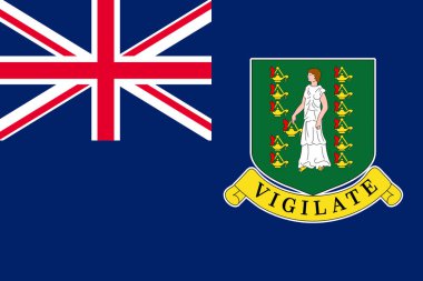 İngiliz Virjin Adaları bayrağının yüksek kalite çizimi. Mavi Asteğmen, İngiliz bayrağı ve Aziz Ursula 'yı tasvir eden on bir gaz lambası ve Vigilate sloganı.