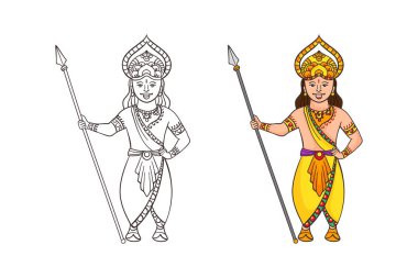 Geleneksel Hint tanrısı karakteri elinde zıpkın tutuyor. Set renkli çizgi film ve siyah-beyaz çizgi resim boyama sayfasını içerir. Çocukların eğitimi ve kültürel aktiviteleri için harika.