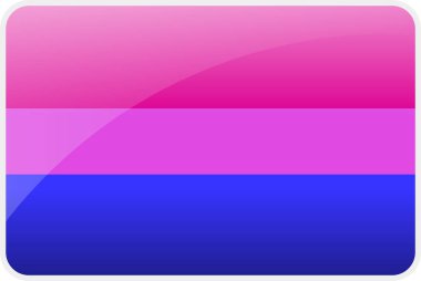 Pembe, mor ve mavi yatay çizgili, parlak cam efektli ve LGBTQ + topluluk kimliği için yuvarlak kenarlı biseksüel gurur bayrağının yüksek kaliteli vektör çizimi.