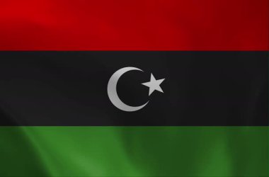 Libya 'nın gerçekçi bayrağı. Merkezi beyaz yıldız ve hilal ile birlikte kırmızı, siyah ve yeşilin ulusal üç renkli üç boyutlu ipek dokusunu içeren detaylı bir arkaplan. Tasarımlar için mükemmel