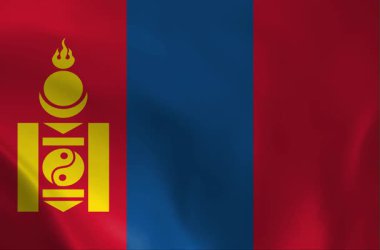 Sallanan Moğolistan Bayrağı Arkaplanı: Altın Soyombo, Mavi ve Kırmızı İpek Dokuma, 3D Gerçekçi Sancak