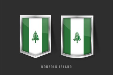 3 boyutlu metalik kalkanlarda Norfolk Adası bayrağının vektör çizimi. Merkezi çam ağacı olan yeşil ve beyaz bantlar. Ulusal barış sembolü, ahenk ve bereketli bitki örtüsü