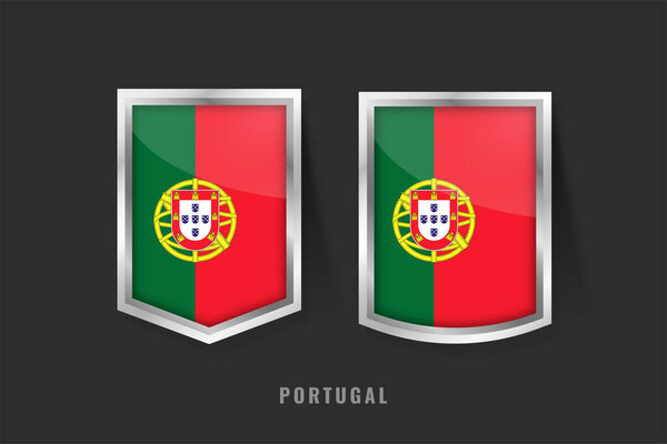 Vector illustration of Portugal flag on 3D metallic shields. Green and red bands with national coat of arms. Symbol of Portuguese identity, maritime history, and national pride.