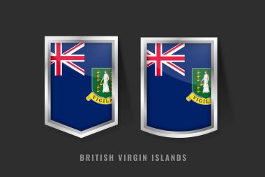 İngiliz Virjin Adaları bayrak rozetlerinin profesyonel 3D vektör çizimi. İngiliz Denizaşırı Toprakları için Mavi Asteğmen ve Aziz Ursula amblemi içeren parlak metalik kalkanlar..