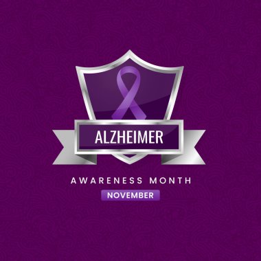 Kasım ayındaki Alzheimer Farkındalık Ayı. Metalik bir kalkan, belirgin bir mor kurdele ve bir afiş içeren bu güçlü amblemle. Gücü, umudu ve hastalığa karşı mücadeleyi simgeler.