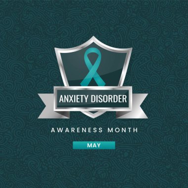 Mayıs ayındaki Anksiyete Bozukluğu Ayında bu güçlü amblemde metalik bir kalkan, belirgin bir deniz mavisi kurdelesi ve bir pankart yer alıyor. Zihinsel refah için gücü, umudu ve desteği simgeler.
