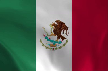 Meksika 'nın yüksek kalite 3D sallanan bayrağı. Ulusal yeşil, beyaz ve kırmızı üç renkli ve merkezi kartal amblemi olan ipek desenli arkaplan. Vatansever tasarımlar için ideal.