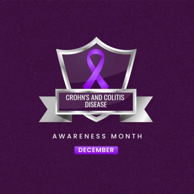 Aralık ayında Crohn 's and Colitis Awareness Month için 3D illüstrasyon. Mor desenli arka planda gümüş bir kalkanda mor kurdele. Vektör tıbbi farkındalık.