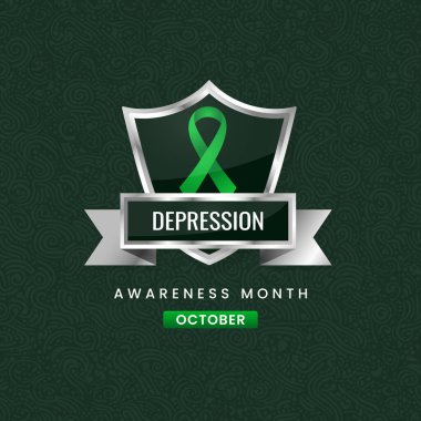 Ekim ayında, zihinsel sağlık ve sağlık desteğini desteklemek için gümüş bir kalkan ve süs desenli bir geçmişe sahip, Bunalım Bilinci Ayı için zarif yeşil kurdele çizimi.