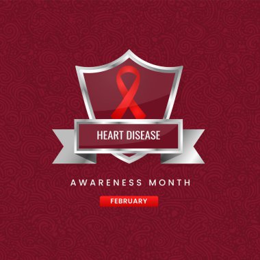 Şubat ayında, Kalp Hastalığı Bilinci Ayı için gümüş kalkanda kırmızı farkındalık kurdelesi. Kardiyoloji sağlığı ve hasta savunuculuğu için vektör grafik.