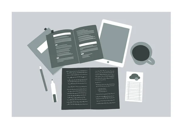 Płaska Kreskówka Ilustracja Otwartych Podręczników Notatnik Notatkami Długopis Marker Tabletka — Zdjęcie stockowe