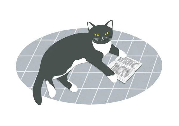 Gatto Del Fumetto Sdraiato Sul Tappeto Ovale Con Libro Aperto — Foto Stock