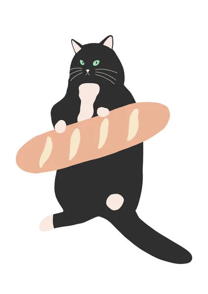 Playful Cat Baguette Toy Flat Vector Illustration Black Cat Bread — Stock Vector