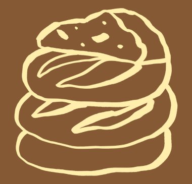 Elle çizilmiş bir yığın yuvarlak ekmek. Minimalist ve anlamlı şekilli kalın kalem çizgileri. Basit bir köy pastanesi çizimi